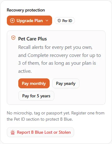 The Pet Care Plus card on a pet's Recovery protection panel, offering Pay monthly, Pay yearly and Pay for 5 years