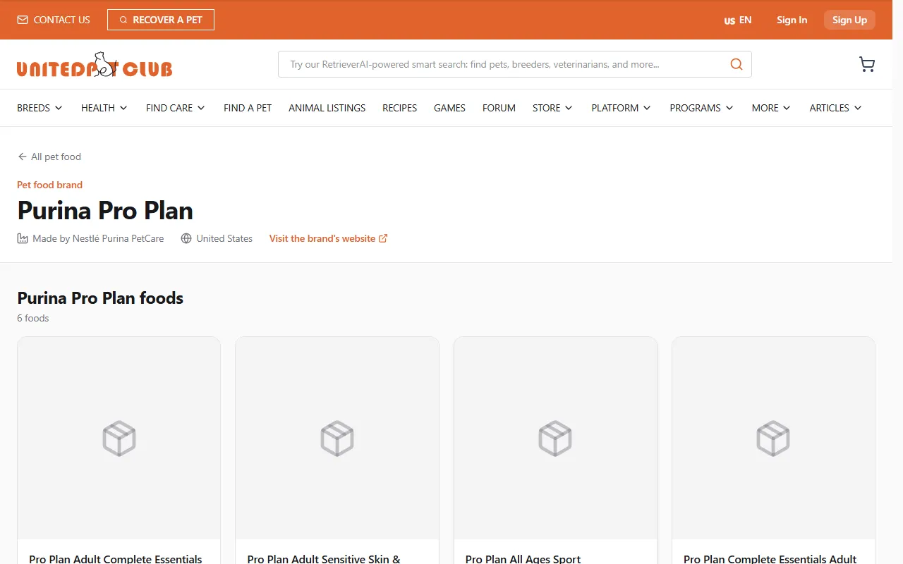 The Purina Pro Plan brand page: "Pet food brand" above the name, "Made by Nestlé Purina PetCare", the country, a "Visit the brand's website" link, then "Purina Pro Plan foods, 6 foods" with a grid of food cards
