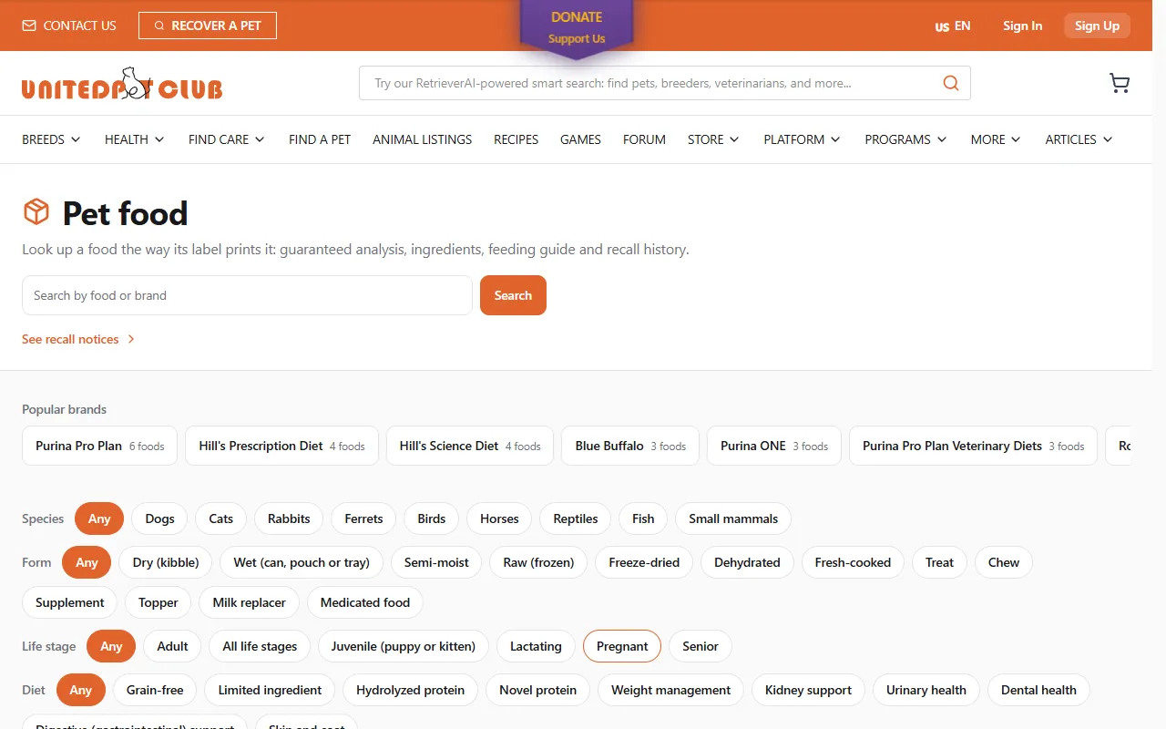 The Pet food page: a search box with a Search button, a "See recall notices" link, a row of popular brands with their food counts (Purina Pro Plan 6 foods, Hill's Prescription Diet 4 foods...), and filter chips for Species, Form, Life stage and Diet, each starting on Any