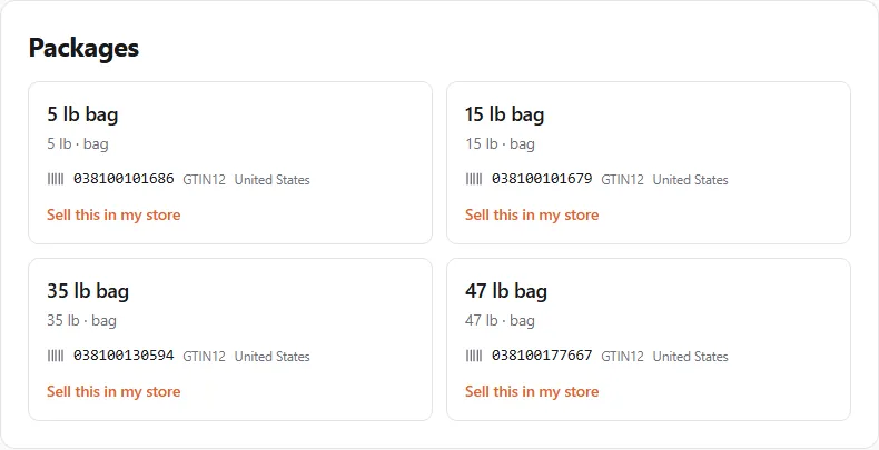 The Packages section: four cards, 5 lb bag, 15 lb bag, 35 lb bag and 47 lb bag, each with its barcode (for example 038100101686, GTIN12, United States) and a "Sell this in my store" link
