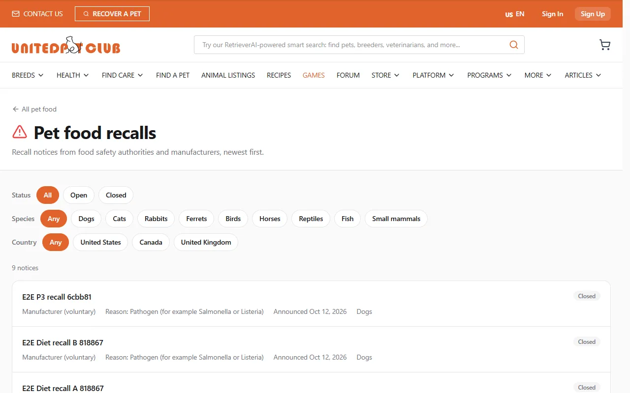The Pet food recalls page: Status (All, Open, Closed), Species and Country filters (United States, Canada, United Kingdom), the notice count, and a list of notices, each with its title, who issued it, the reason, the date announced, the species and an Open or Closed badge