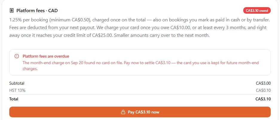 The Platform fees card of a sample Ontario business owing CA$3.10, after Pay CA$3.10 now: the overdue notice, then Subtotal CA$3.00, HST 13% CA$0.10 and Total CA$3.10 above the Pay CA$3.10 now button. Only the newest fee, CA$0.75, has an HST line on this statement, so the HST is 13% of that fee, not of the whole subtotal. The secure card form, which shows above the button, is left out of this example