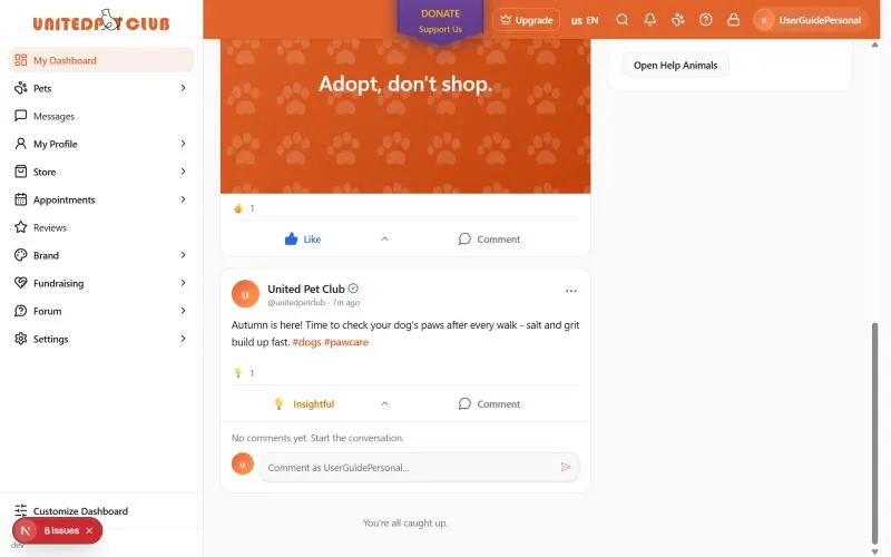 A post's comments opened: "No comments yet. Start the conversation." and the Comment as UserGuidePersonal box, under a post with one Insightful reaction