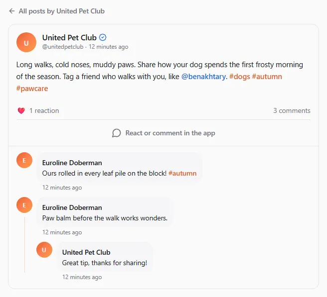 A post's own page: "All posts by United Pet Club" above the post, its reaction and comment counts, React or comment in the app, and three comments, the last a reply from United Pet Club joined to the comment it answers by a line