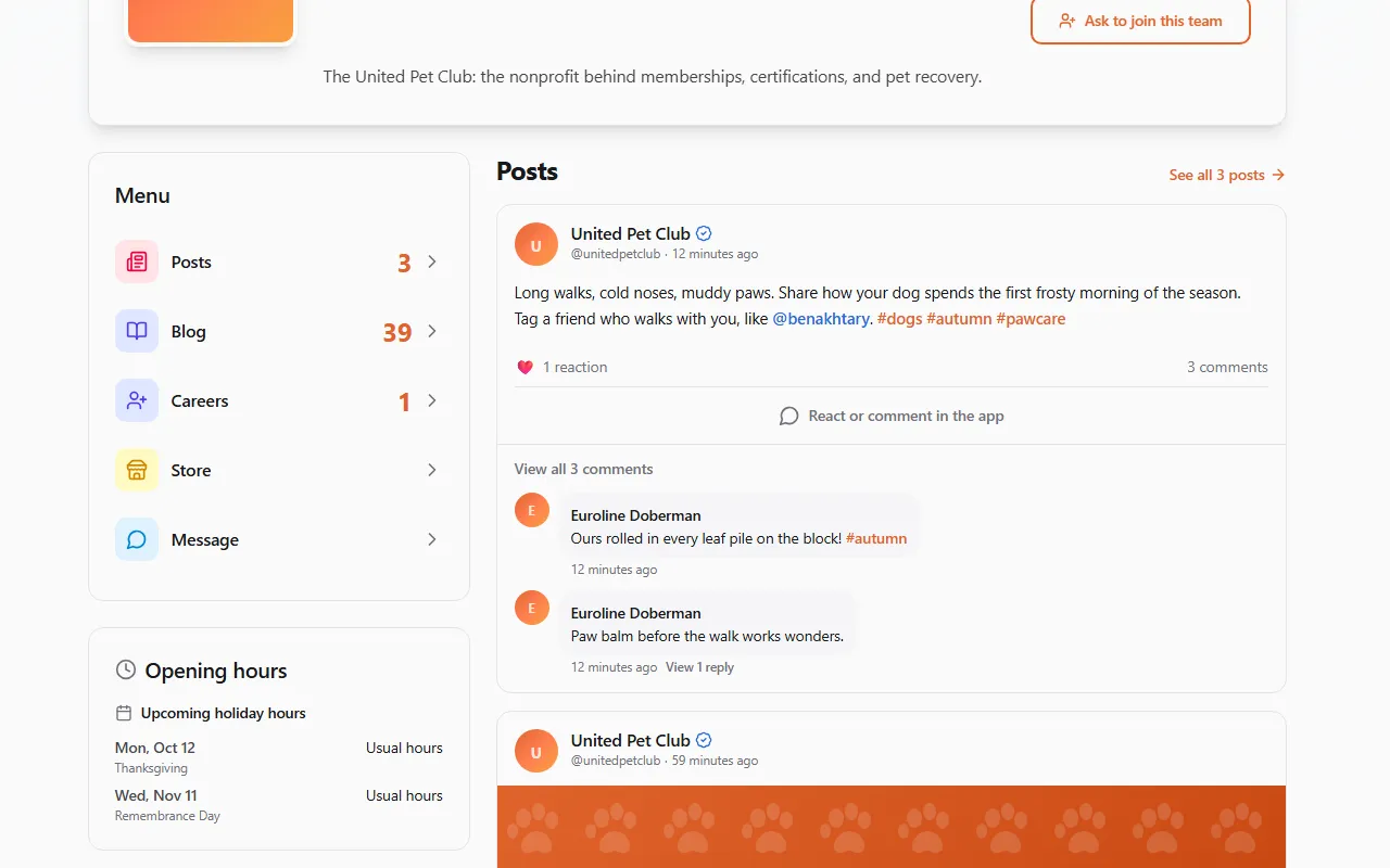 A public profile's page on the website: the Menu card with Posts 3, Blog, Careers, Store and Message, and beside it the Posts section with "See all 3 posts", a post with one reaction and 3 comments, "React or comment in the app", "View all 3 comments" and two comments, the second with "View 1 reply"