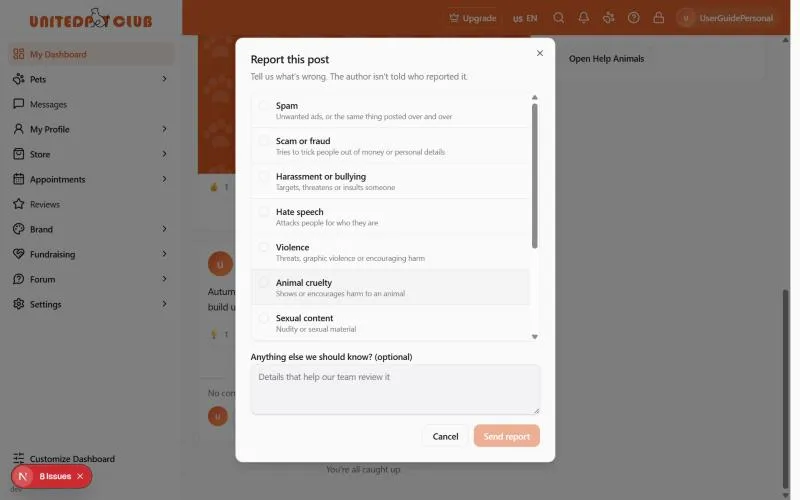 Report this post: the reasons Spam, Scam or fraud, Harassment or bullying, Hate speech, Violence, Animal cruelty and Sexual content, with an optional note and Send report