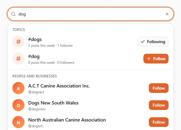 The feed search with "dog" typed: under Topics, #dogs (2 posts this week · 1 follower) with Following and #dog with Follow; under People and businesses, A.C.T Canine Association Inc., Dogs New South Wales and North Australian Canine Association, each with Follow