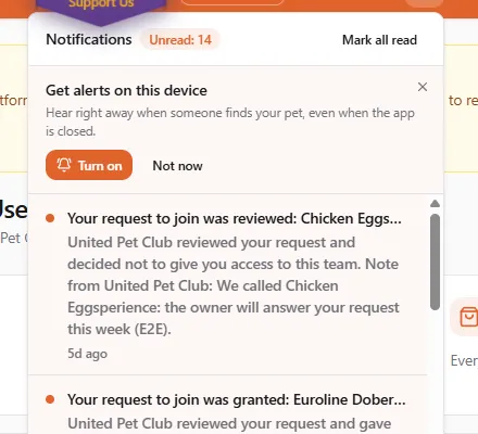 The notifications bell opened, with the card "Get alerts on this device: Hear right away when someone finds your pet, even when the app is closed" and its Turn on and Not now buttons above the list of notifications