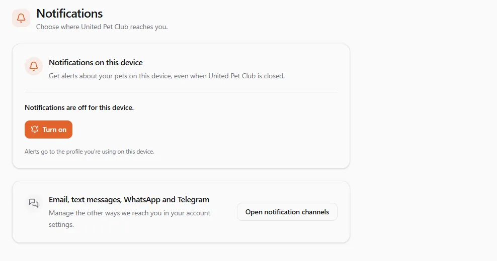 The Notifications page with the card "Notifications on this device": Notifications are off for this device, and a Turn on button