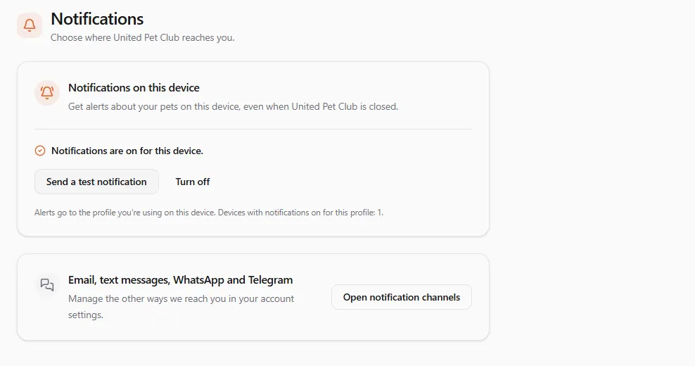 The Notifications page with notifications on for this device, a Send a test notification button and a Turn off button
