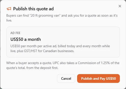 The Publish this quote ad dialog for a US business: Ad fee US$50 a month, billed today and every month while live, plus GST/HST for Canadian businesses; the note that UPC takes a Commission of 1.25% of an accepted quote's total, from the deposit first; and the Cancel and Publish and Pay US$50 buttons