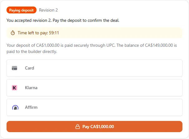 The Paying deposit state of revision 2: "You accepted revision 2. Pay the deposit to confirm the deal.", Time left to pay 59:18, the deposit of CA$1,000.00 and the balance of CA$149,000.00 paid to the builder directly, the secure payment form, and the Pay CA$1,000.00 button