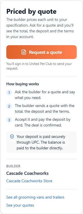 The buy box on a 20 ft grooming van's page: Priced by quote, the Request a quote button, the three How buying works steps, the note that the deposit is paid securely through UPC and the balance to the builder directly, and the Builder card for Cascade Coachworks