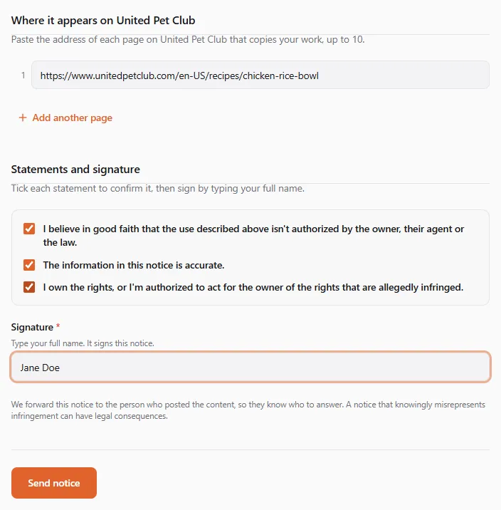The end of the form: one page on United Pet Club listed, Add another page, the three statements ticked, the signature Jane Doe, the warning about false notices, and Send notice