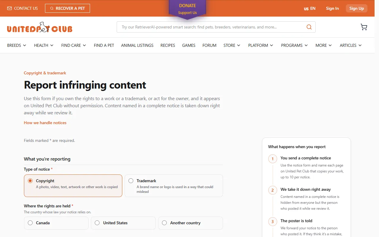 The top of the Report infringing content form: Type of notice set to Copyright, and Where the rights are held with Canada selected, with What happens when you report on the right