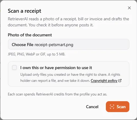 The Scan a receipt dialog with a receipt photo chosen, the rights box, the cost line Each scan spends RetrieverAI credits from the profile you act as, and Scan