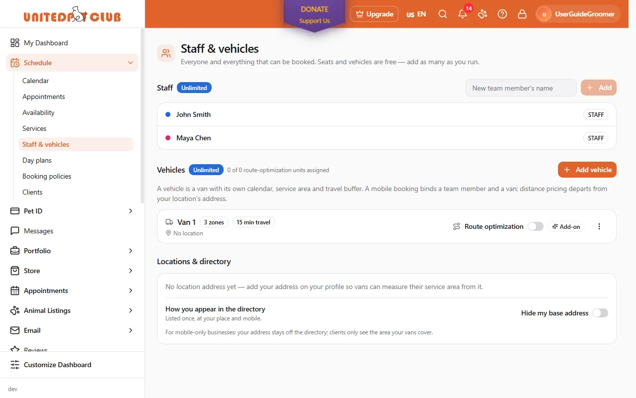 Schedule → Staff & vehicles: two team members (John Smith and Maya Chen) under Staff with the Unlimited badge, Van 1 under Vehicles with its 3 zones and 15 min travel badges, the Route optimization switch and its Add-on badge, and the Hide my base address switch under Locations & directory