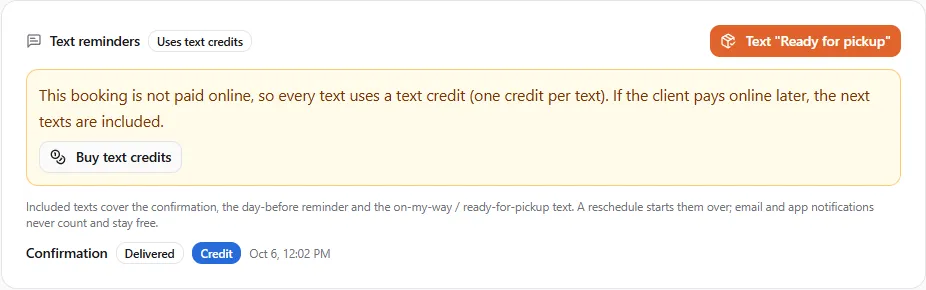 The Text reminders card on a booking that is not paid online: a Uses text credits badge, the note "This booking is not paid online, so every text uses a text credit (one credit per text)…" with a Buy text credits button, and the confirmation marked Delivered with a Credit badge