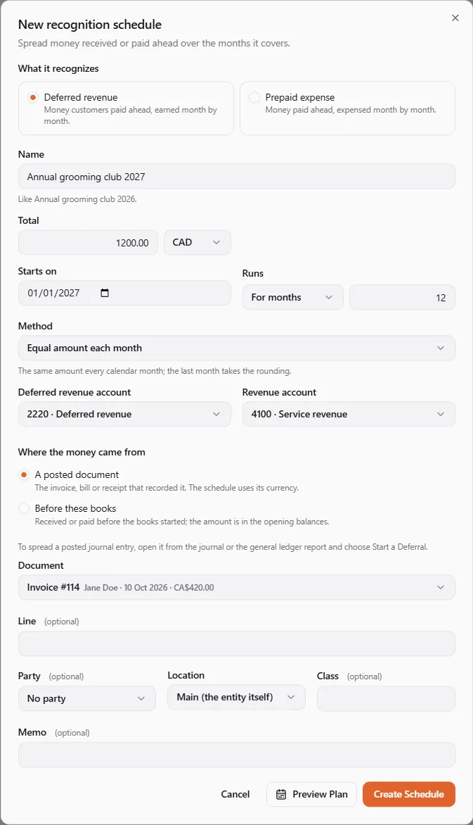 The New recognition schedule dialog: deferred revenue, name Annual grooming club 2027, total 1200.00 CAD, starting 01/01/2027 for 12 months, equal amount each month, the deferred revenue and revenue accounts, and the money coming from a posted document, Invoice #114