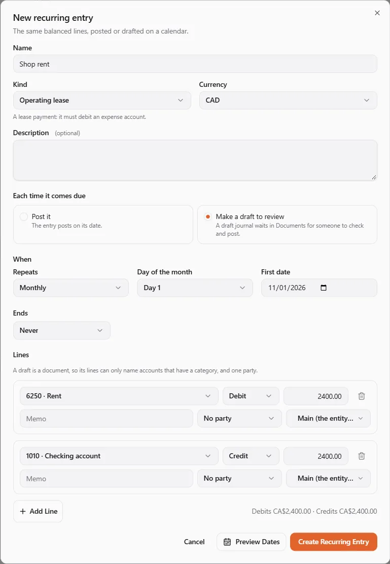 The New recurring entry dialog: name Shop rent, kind Operating lease, Make a draft to review, repeating monthly on day 1 from 11/01/2026 and never ending, with the lines 6250 Rent debit 2400.00 and 1010 Checking account credit 2400.00