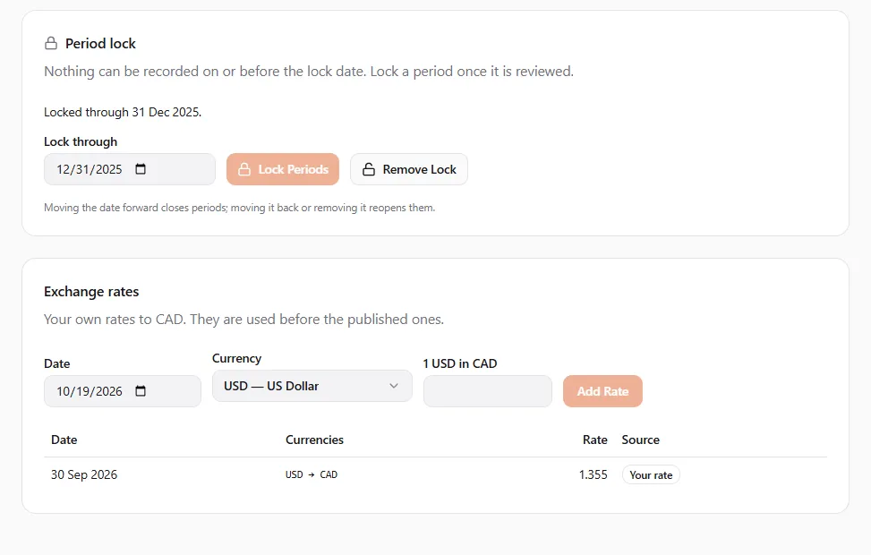 The Period lock card (locked through 31 Dec 2025, with Lock through, Lock Periods and Remove Lock) and the Exchange rates card with one Your rate row, USD to CAD 1.355 on 30 Sep 2026