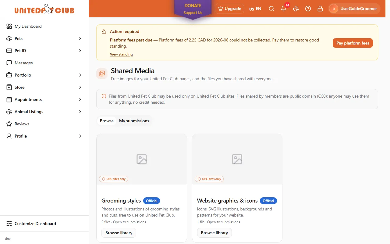 The Shared Media page in the Dashboard on the Browse tab, showing the Grooming styles and Website graphics & icons library cards with their Official and UPC sites only badges