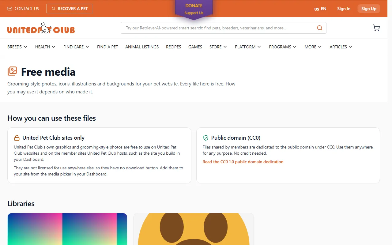 The public Free media page with the How you can use these files explainer: United Pet Club sites only on the left, Public domain (CC0) on the right