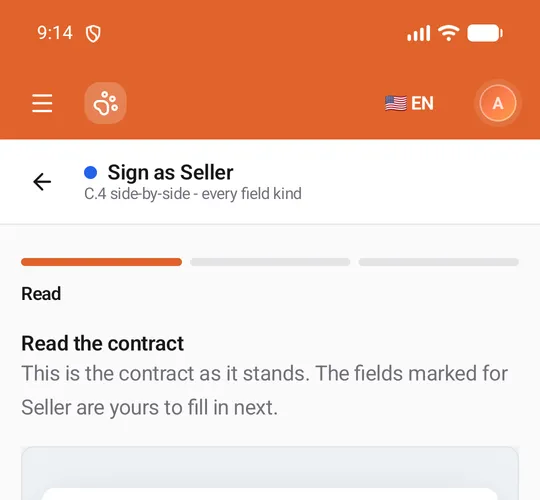 The Read step of Sign as Seller: the steps bar, "Read the contract", the document, and Decline to sign, Cancel and Continue at the bottom