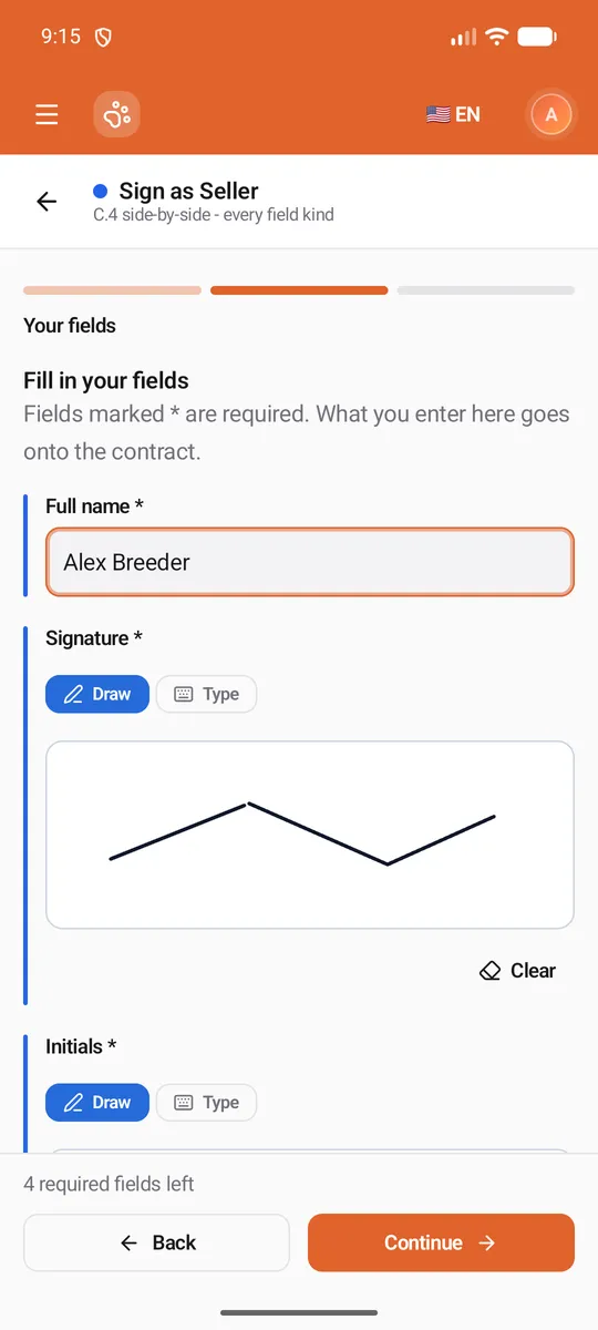 The Your fields step: Full name filled in as Alex Breeder, a drawn signature on the pad with Draw, Type and Clear, and "4 required fields left" over Back and Continue