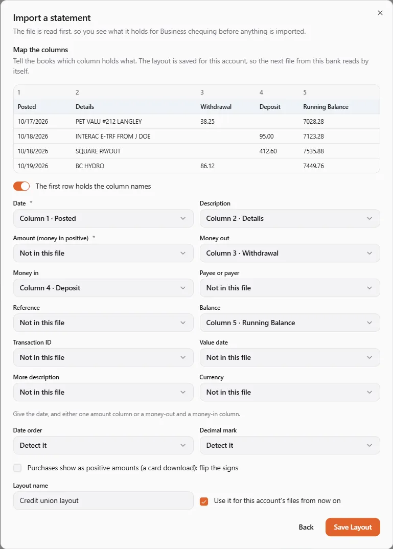 The Map the columns step: the first rows of a credit union CSV, the first row marked as column names, Date on column 1, Description on column 2, Money out on column 3, Money in on column 4, Balance on column 5, and the layout name Credit union layout kept for this account