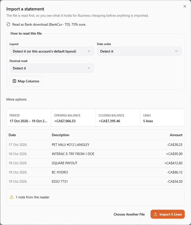 The Import a statement dialog after the file was read: read as a bank download (TD layout, 75% sure), the layout, date order and decimal mark choices with Map Columns, the period 17 to 19 Oct 2026 with opening and closing balances, the five lines, and Import 5 Lines