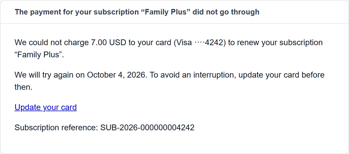 A "payment did not go through" e-mail for a Family Plus plan: 7.00 USD could not be charged to the Visa card ending 4242, the next try is on October 4, 2026, with an "Update your card" link and the subscription reference