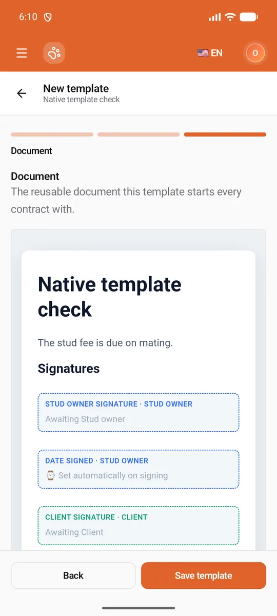 Preview of a template: the title, the terms, and the Stud owner's and Client's signature fields in their colours