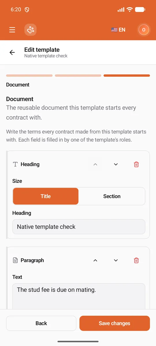 The Document step of a template: the note that each field is filled in by a role, then the title heading and a paragraph to write in