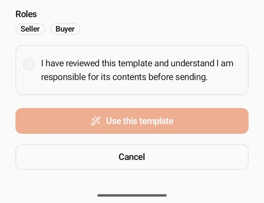 The Use this template sheet: the Roles Seller and Buyer, the acknowledgement box, Use this template and Cancel