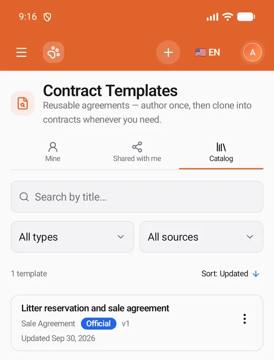 The Catalog tab with the type and source filters and the Official "Litter reservation and sale agreement"