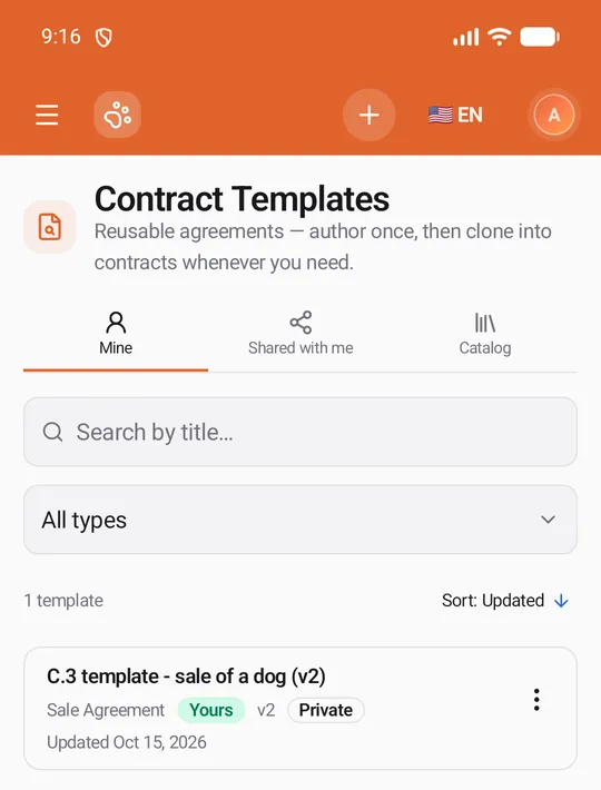 Contract Templates: the Mine, Shared with me and Catalog tabs, search, the type filter, "1 template", Sort: Updated, and one template card