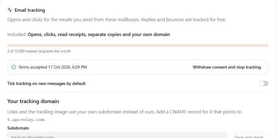 The Email tracking card: included opens, clicks, read receipts, separate copies and your own domain; 2 of 10,000 tracked recipients this month; terms accepted with "Withdraw consent and stop tracking"; the default switch; and Your tracking domain with the CNAME target