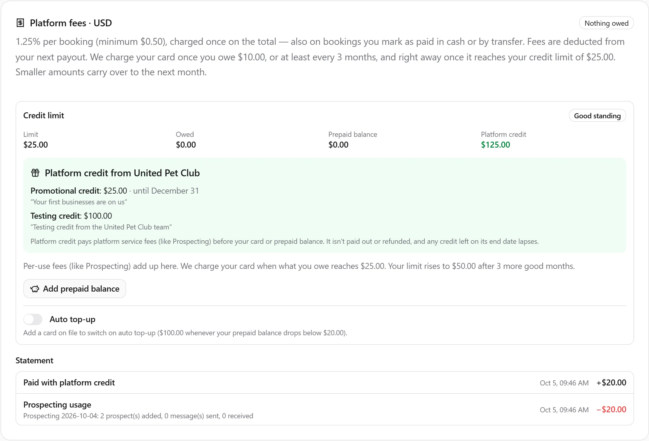 The Platform fees card for a USD account with nothing owed: the Credit limit panel in Good standing with Limit $25.00, Owed $0.00, Prepaid balance $0.00 and Platform credit $125.00; the green "Platform credit from United Pet Club" box listing Promotional credit $25.00 until December 31 ("Your first businesses are on us") and Testing credit $100.00 ("Testing credit from the United Pet Club team"); the limit sentence, Add prepaid balance, the Auto top-up switch (off, "Add a card on file to switch on auto top-up"), and a Statement with "Paid with platform credit +$20.00" next to "Prospecting usage −$20.00"
