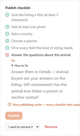 The Publish checklist with the first five items green, including "Fill in every field this kind of listing needs", and "Answer the questions about this animal" red with Fix and its How to fix: "Answer them in Details → Animal. Buyers see your answers on the listing. Still unanswered: Has this animal ever bitten a person or another animal?"