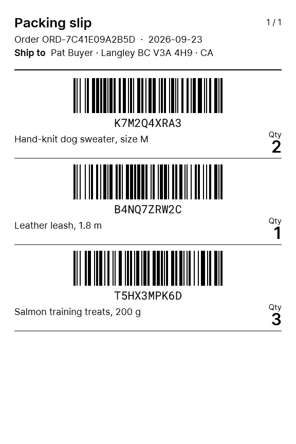 A 4 × 6 packing slip for order ORD-7C41E09A2B5D shipping to Pat Buyer in Langley BC: three blocks, each a barcode with its offer code under it (K7M2Q4XRA3, B4NQ7ZRW2C, T5HX3MPK6D), the item name and the quantity on the right