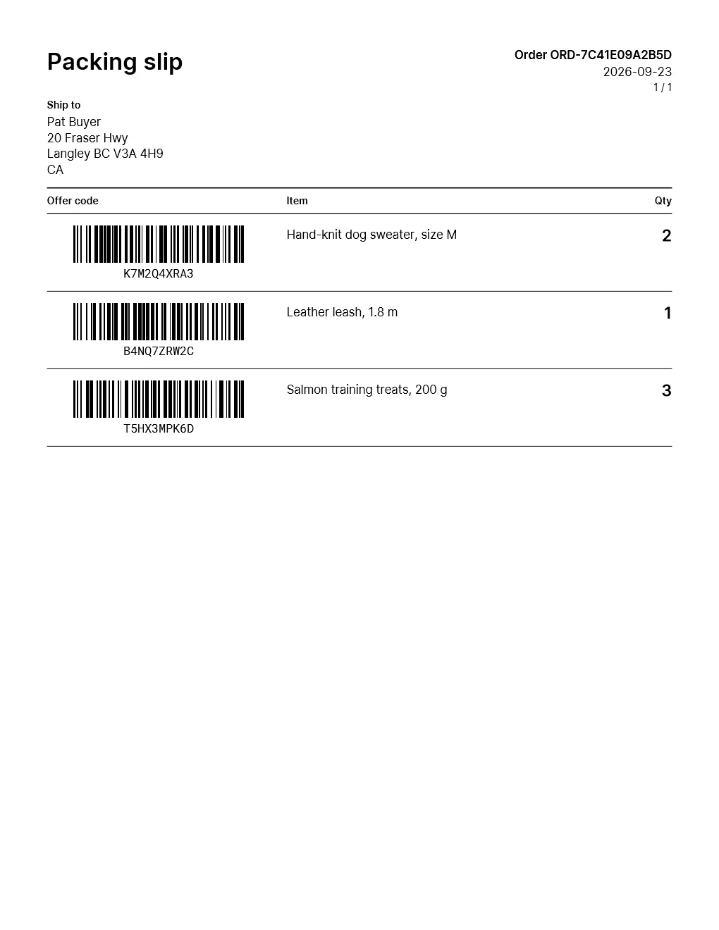 The same slip on a Letter page: the full ship-to address at the top, then a table with the Offer code barcode, the Item name and the Qty for each item