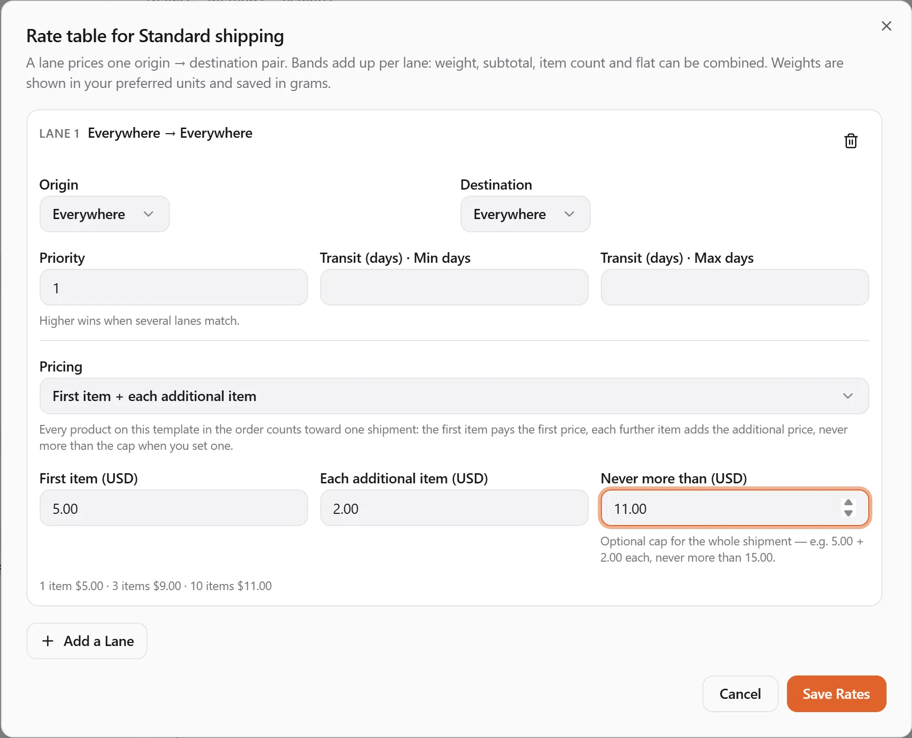 First item + each additional item with the cap filled in: First item $5.00, Each additional item $2.00, Never more than $11.00, and the preview line reading 1 item $5.00 · 3 items $9.00 · 10 items $11.00
