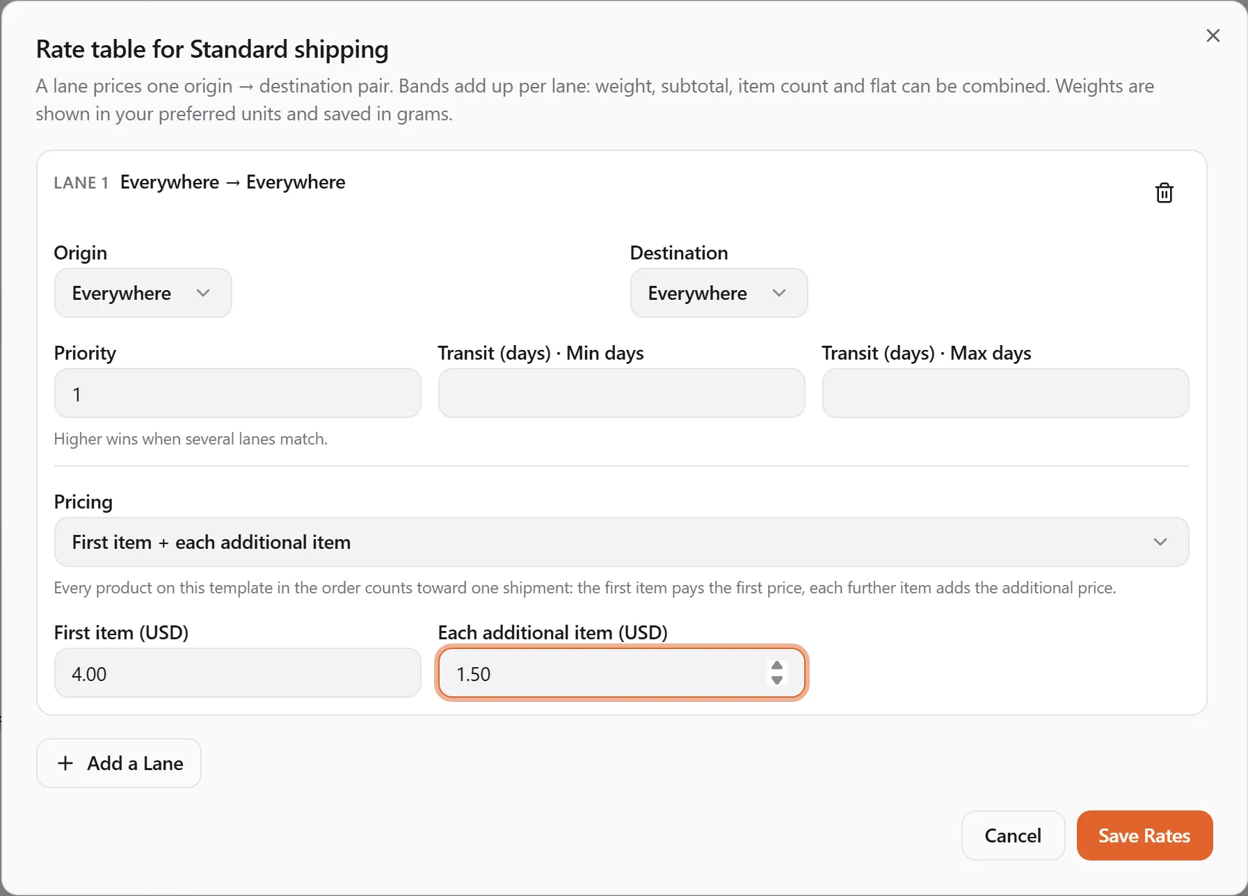 The same lane with Pricing set to First item + each additional item: First item $4.00 and Each additional item $1.50, with the hint that every product on the template in the order counts toward one shipment