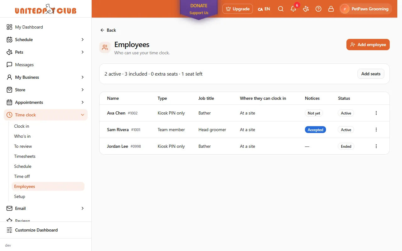 The Employees page: "2 active · 3 included · 0 extra seats · 1 seat left" with Add seats, then Ava Chen #1002 (Kiosk PIN only, Bather, notices Not yet, Active), Sam Rivera #1001 (Team member, Head groomer, notices Accepted, Active) and Jordan Lee #0998 (Ended)