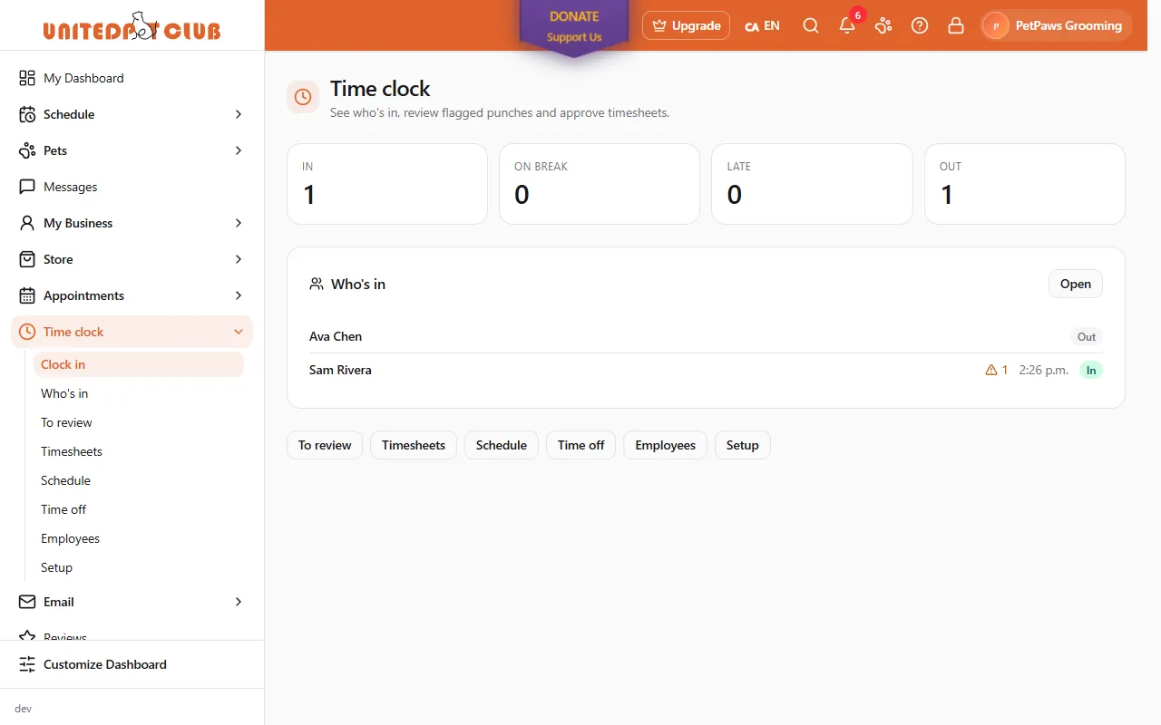 The Time clock page of PetPaws Grooming: counts IN 1, ON BREAK 0, LATE 0, OUT 1, then Who's in with Ava Chen (Out) and Sam Rivera (In since 2:26 p.m., one punch to review), and the To review, Timesheets, Schedule, Time off, Employees and Setup buttons