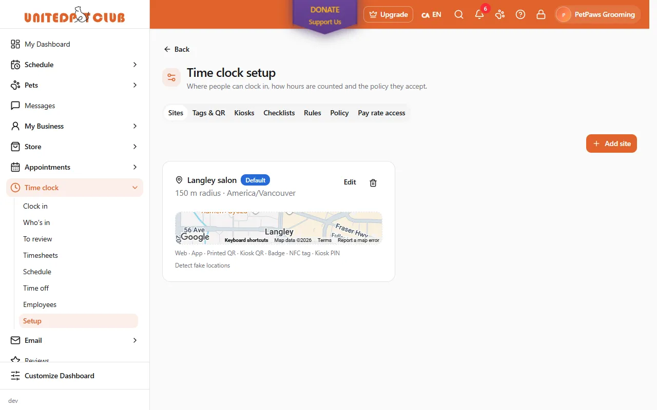 Time clock setup on the Sites tab: the Langley salon site, marked Default, with a 150 m radius in America/Vancouver, a map of the area, the ways to clock in (Web, App, Printed QR, Kiosk QR, Badge, NFC tag, Kiosk PIN) and Detect fake locations, plus Add site