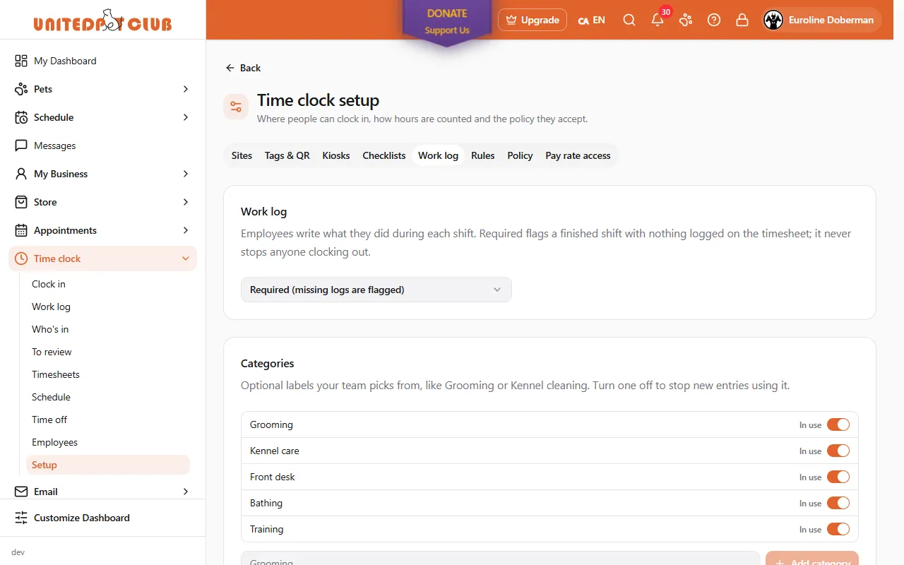 Time clock setup, Work log tab: the policy set to "Required (missing logs are flagged)" and the Categories list with In use switches and an Add category field
