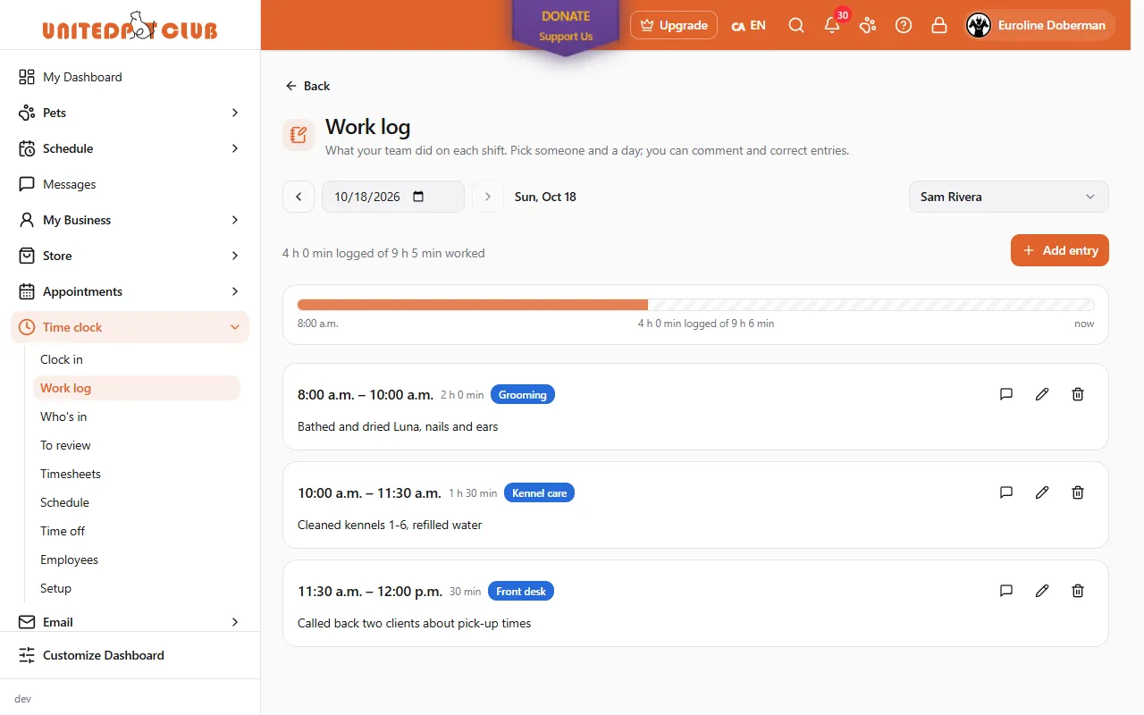 The manager's Work log for Sam Rivera on Sun, Oct 18 with the employee picker, the shift bar and the three entries, each with comment, edit and delete