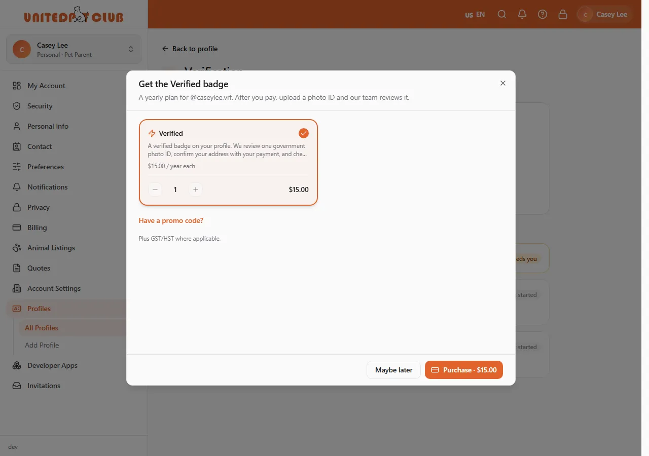 The purchase dialog with the Verified plan selected and the Purchase button